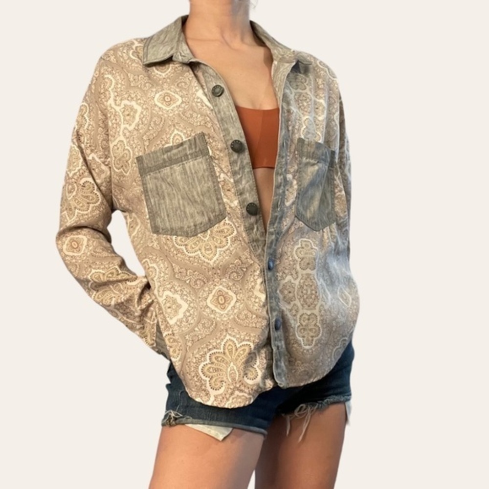 Free People Patterned Aged Denim Button Up - image 3